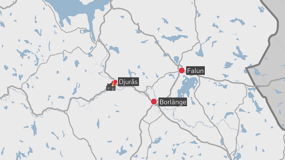 Karta över Dalarna där branden utanför Djurås är markerad.