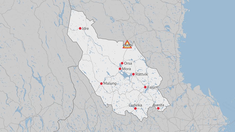 Karta över Dalarna som visar var olyckan inträffat.