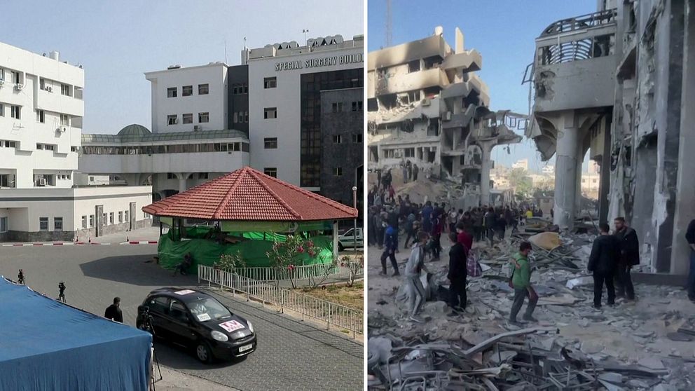 Till vänster: Arkivbilder på al-Shifa-sjukhuset före kriget. Till höger: Sjukhuset i ruiner efter israeliska räder.