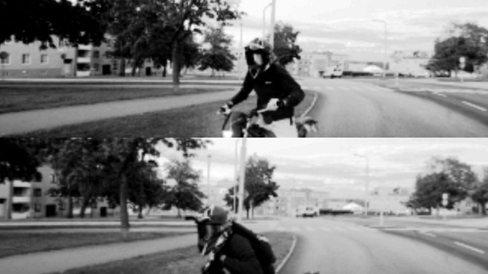 Tvådelad bild som visar mopedist i närbild med en väg bakom.