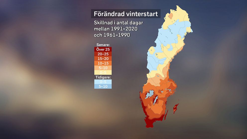Sverigekarta som visar förändrad start för vintern mellan nuvarande referensperiod 1991–2020 och den förutvarande perioden 1961–1990.