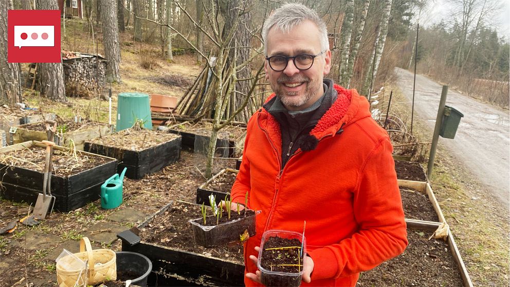 Johannes Wätterbäck, också känd som Farbror Grön, står vid sina odlingar iklädd orange fleecetröja. I händerna har han plasttråg med olika sådder. Han ser glad ut.