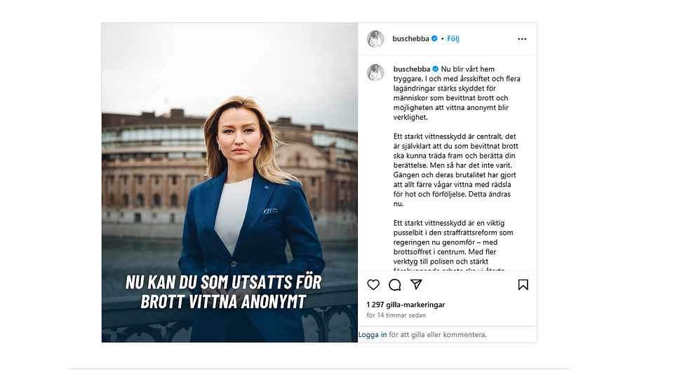 Ebba Buschs kritiserade inlägg om anonyma vittnen