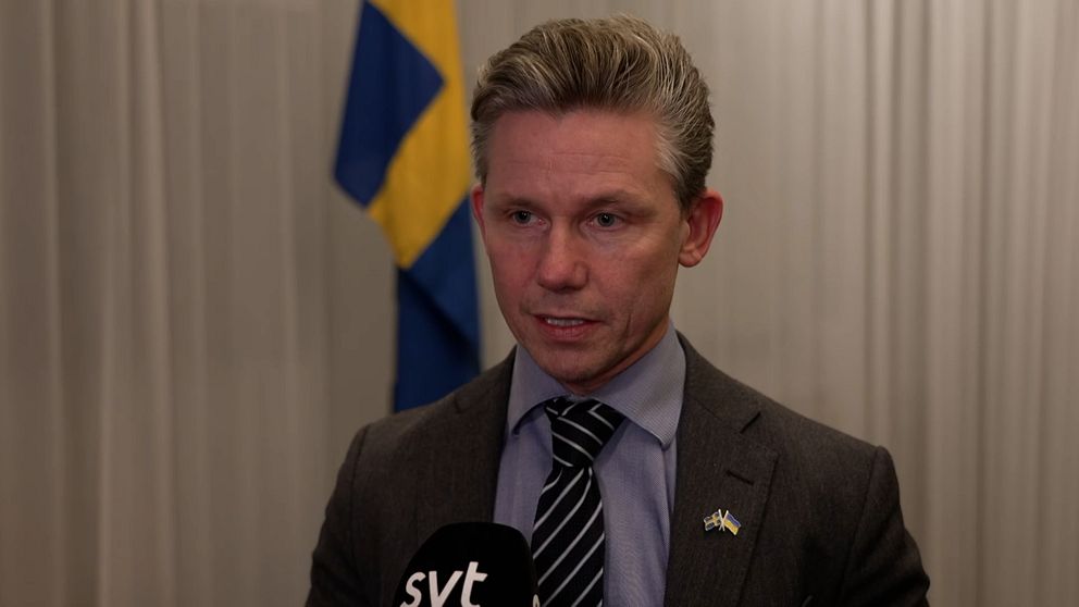 Försvarsminister Pål Jonson med Sverigeflagga i bakgrunden.