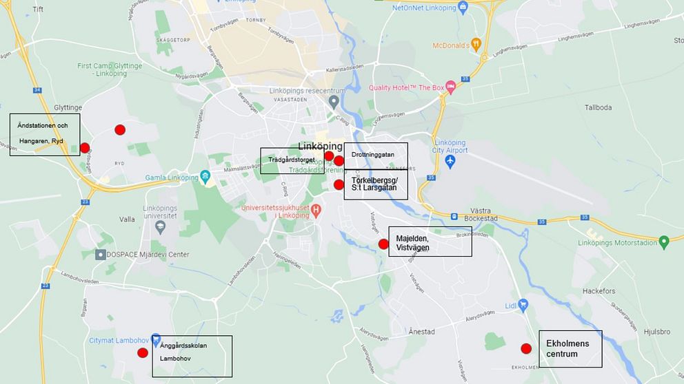 Karta över Linköpings trygghetskameror.