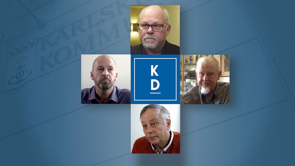 En bild som visar fem sektioner med ansikten och en central logotyp för KD (Kristdemokraterna) mot en bakgrund med texten ”Karlskoga Kommun”. Logo är tydlig och centrerad, omgiven av fyra ansiktsbilder.