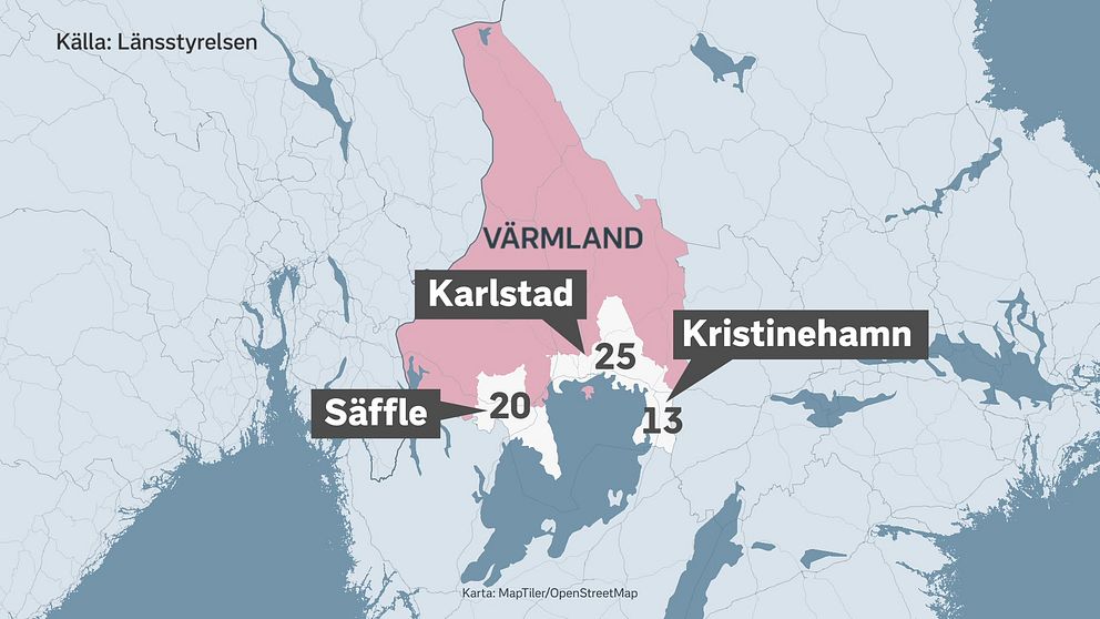 Karta över Värmland i Sverige med städerna Karlstad, Kristinehamn och Säffle markerade. Numeriska värden, 25, 20 och 13, anges vid varje stad. Källan anges som Länsstyrelsen.