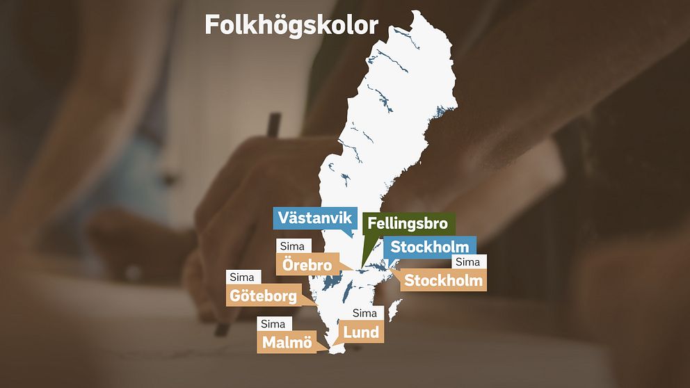 Karta över folkhögskolor i Sverige som har undervisning på teckenspråk. De ligger i Stockholm, Örebro, Göteborg, Lund och Malmö.