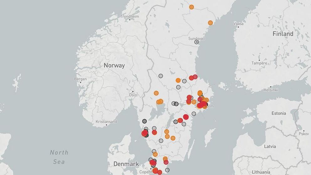 Karta över Sverige med urval av prickar och punkter där det skett skjutningar
