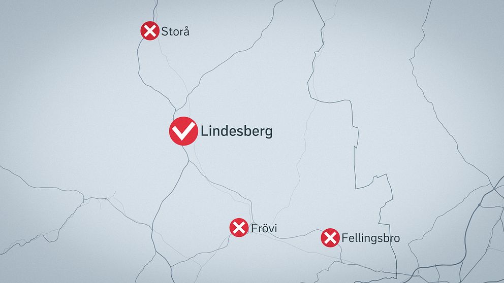 En karta över vårdcentraler i Lindesbergs kommun som föreslås läggas ned.