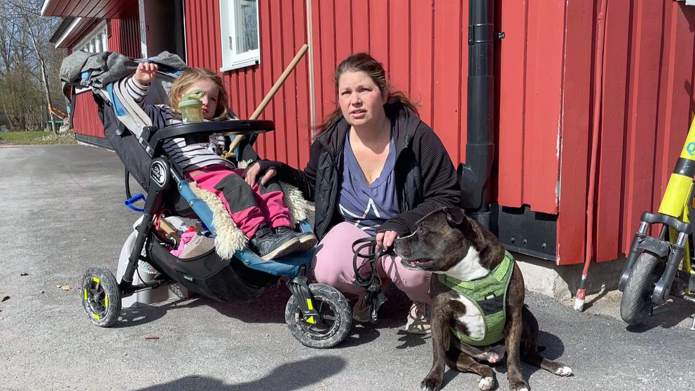 En kvinna sitter på huk bredvid en barnvagn och en hund.