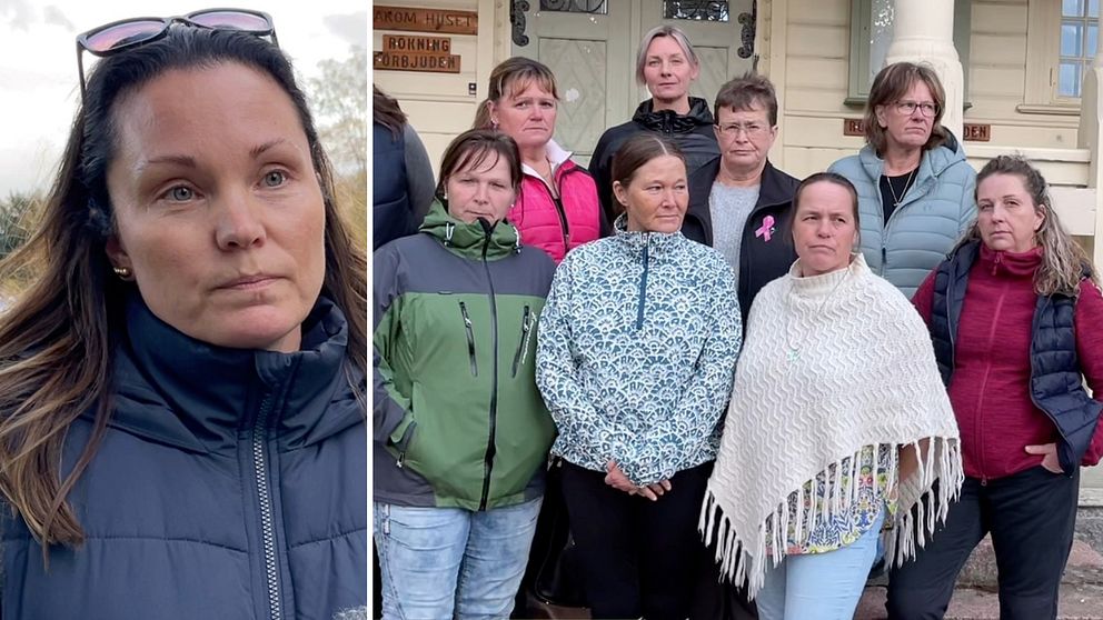 Delad bild – till vänster en kvinna med brunt hår och mörkblå jacka, till höger flera kvinnor som arbetar som undersköterskor inom hemtjänst- och äldrevården i Älvdalen