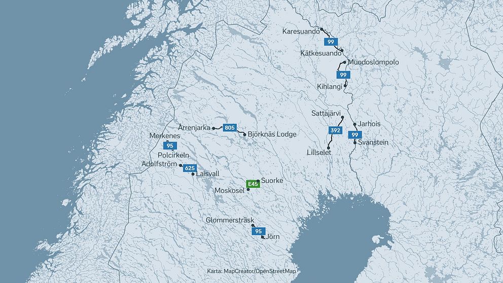 Karta över Norrbottens län som visar vägsträckor där man kan ansöka om att få sätta upp snabbladdare för elbilar.