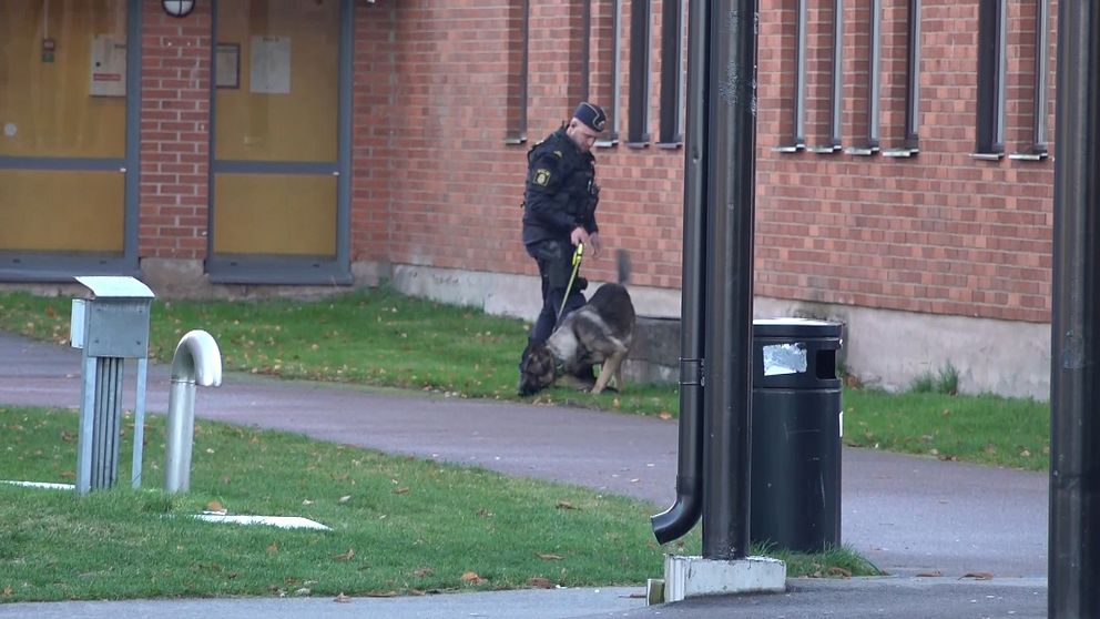 Polis med hund som söker utanför Alléskolan i Hallsberg