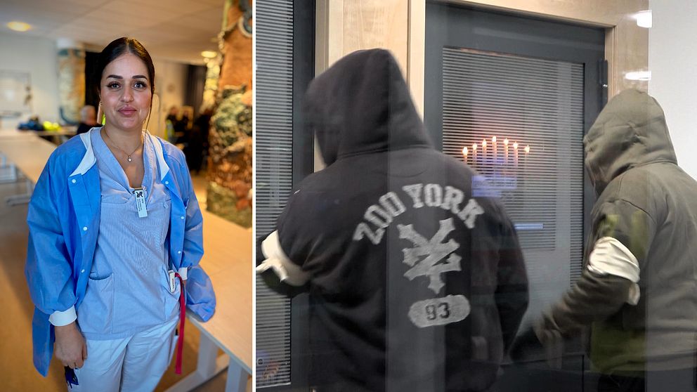 Undersköterskan Tallar Mustafa i bild till vänster. Två huvklädda män utanför luckan på akuten i bild till höger.