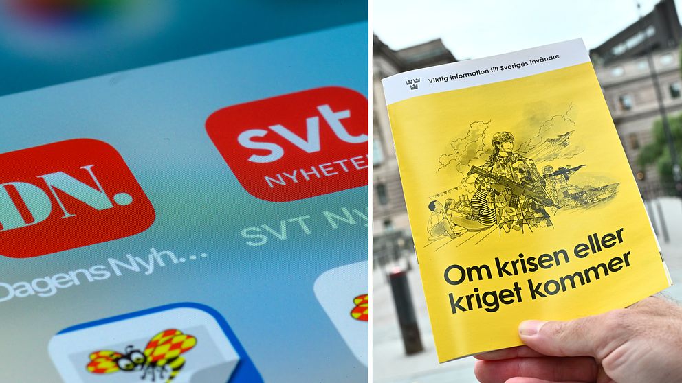 En delad bild med två sektioner. Den vänstra sektionen visar en smartphone-skrin med ikoner för nyhetsappar, inklusive Dagens Nyheter och SVT Nyheter. Den högra sektionen visar en person som håller i en gul broschyr med texten ”Om krisen eller kriget kommer” och en illustration av en soldat.