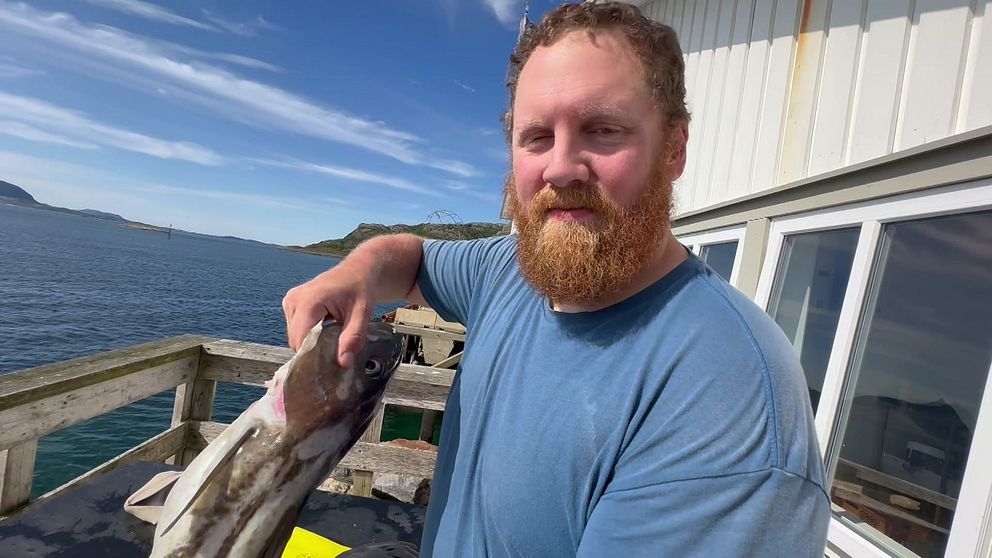 Skäggig man med torsk