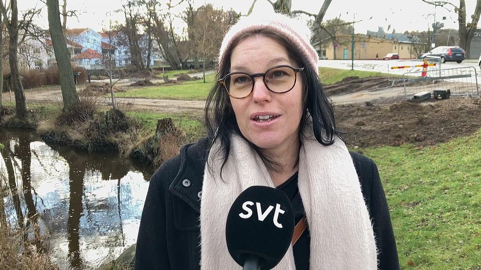 En person står vid en bäck i en park, med en mic som har SVT:s logotyp. I bakgrunden syns träd och en del av en väg, samt byggnader. Det är en mulen dag.