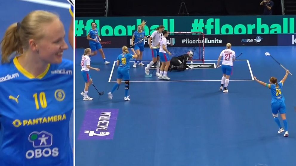 Sverige jublar efter ett mål i innebandy-VM