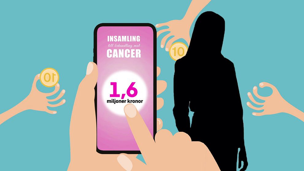 Hand som klickar på mobilskärm och siluett av kvinna som misstänks ha samlat in miljonbelopp som gått till resor och kläder