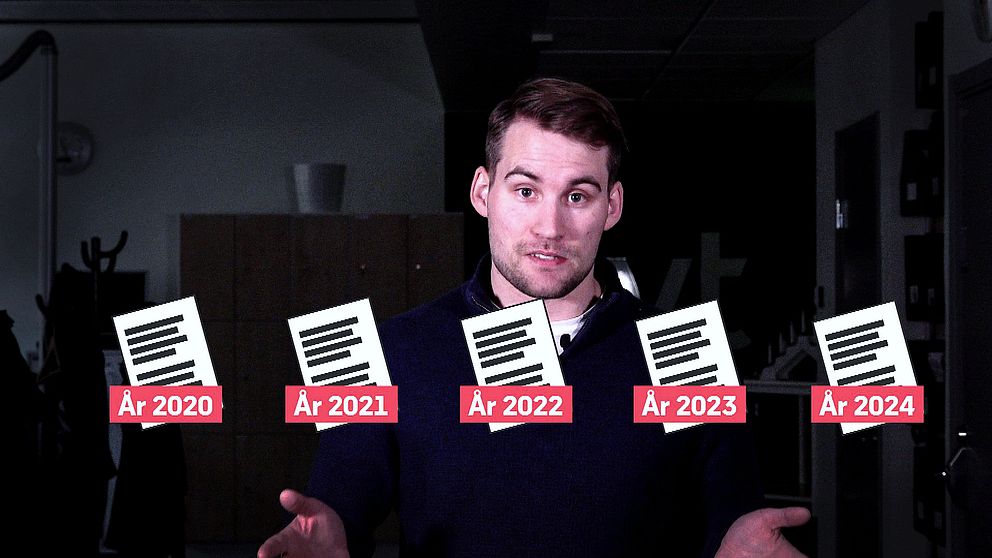 En person står framför en mörk bakgrund med uppsträckta händer. Framför dem syns fyra dokumentikoner med årtalen 2020, 2021, 2022, 2023 och 2024, vilket indikerar en tidslinje eller progression över de angivna åren.