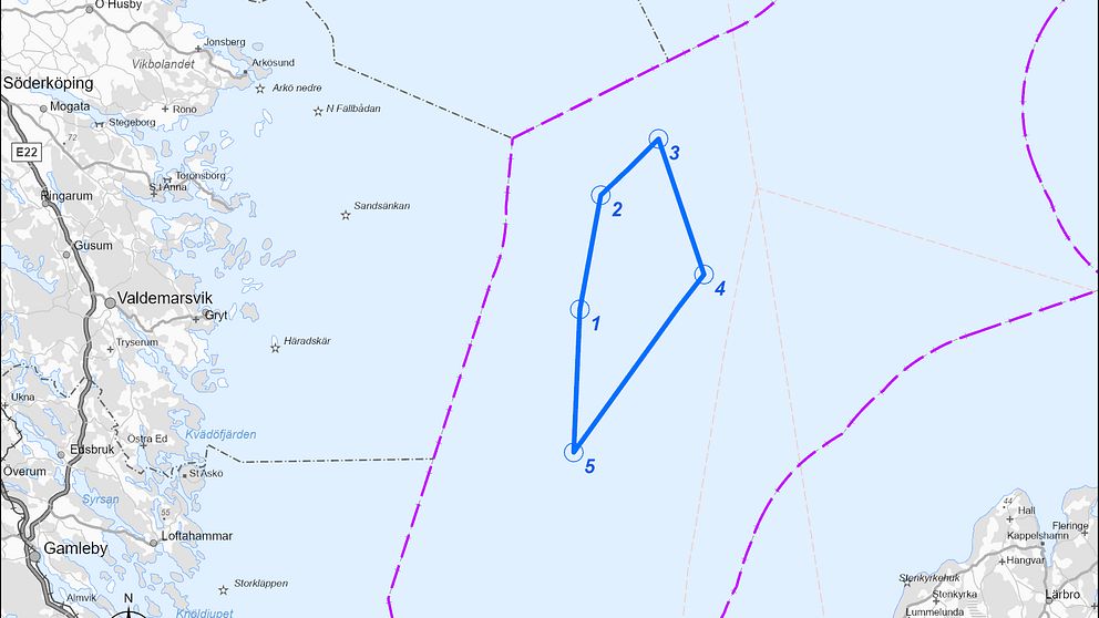 Kartbild som visar den planerade havsvindparken Dynings placering i Östersjön.