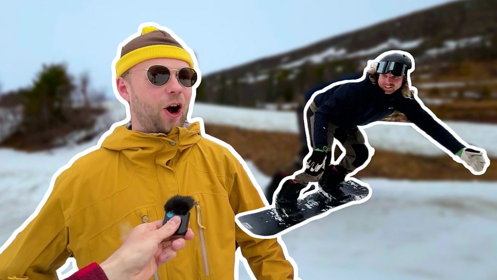 Delad bild. Till vänster hålls mikrofon mot person i gul jacka. Till höger snowboardåkare i luften.
