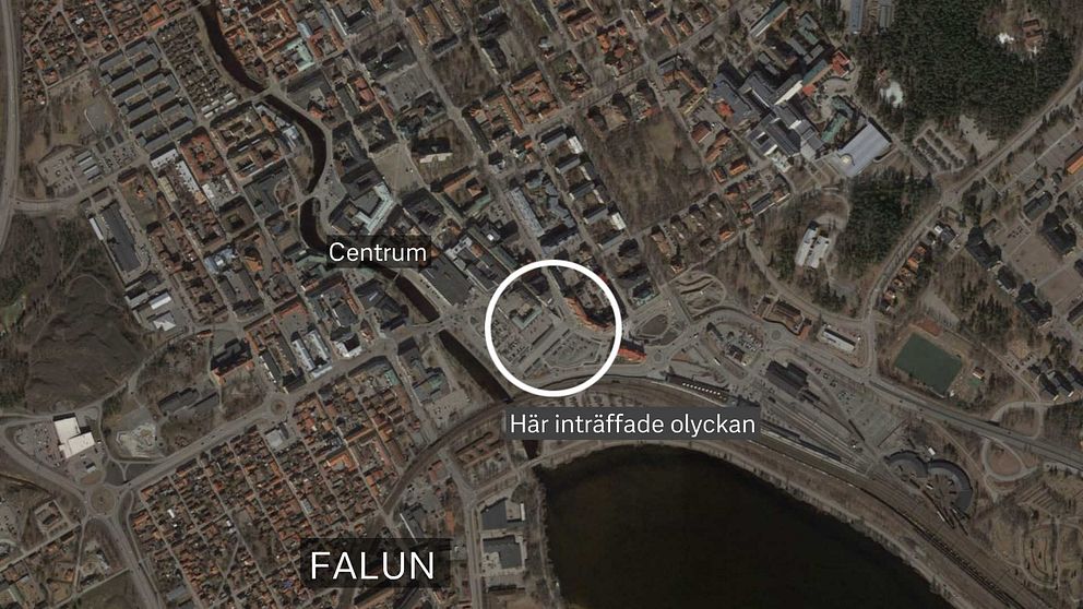 en flygbild över Falun med en ring där olyckan inträffade