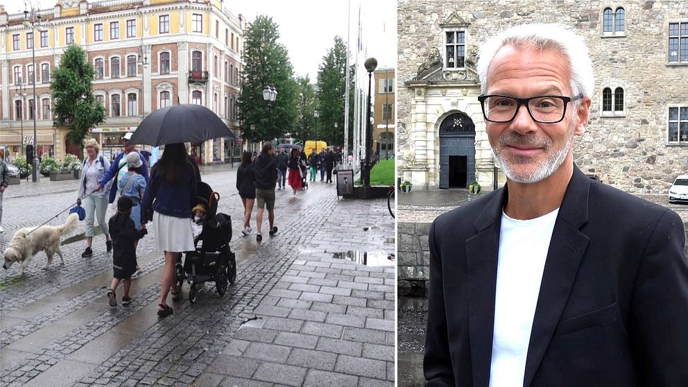 Delad bild, till vänster människor på drottninggatan i Örebro. Till höger, Björn Fransson Örebrokompaniet.