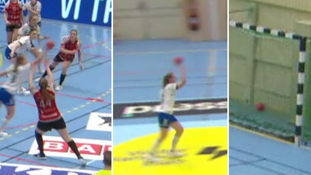 Bilden är en delad bild som visar tre olika sekvenser från en handbollsmatch. Första sektionen visar en spelare i röd tröja som anfaller mot målet, med flera medspelare och motståndare runt sig. Andra sektionen visar en annan spelare i vit tröja som hoppar för att fånga bollen i luften. Tredje sektionen visar målet med bollen på väg mot nätet, vilket signalerar en potentiell målchans.