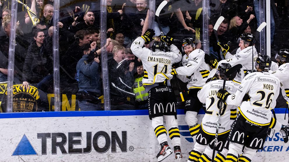 Ishockeyspelare jublar framför fans vid rinkens sarg.