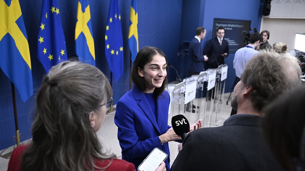 Miljöministern svarar på frågor vid en presskonferens.