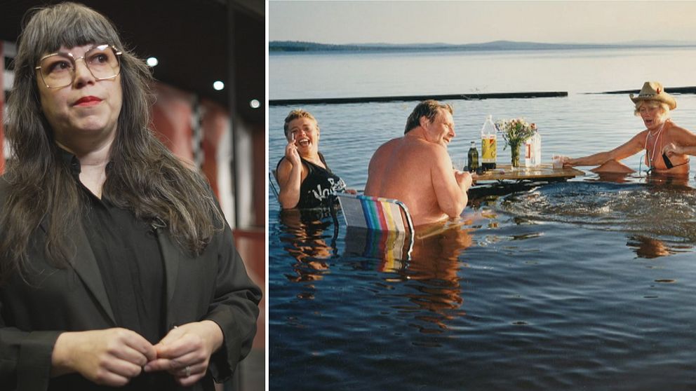 Delad bild. Vänster: person i mörka kläder inomhus. Höger: vuxna badar vid ett dukat bord i sjön.