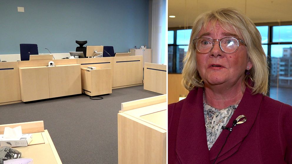 En delad bild som visar en rättssal till vänster med träbänkar och kontorsmöbler, samt Karin Nacke, lagman i Jönköpings tingsrätt, iklädd i en röd kavaj som står till höger. Bakgrunden i rätten visar stora fönster som ger en utsikt över staden.