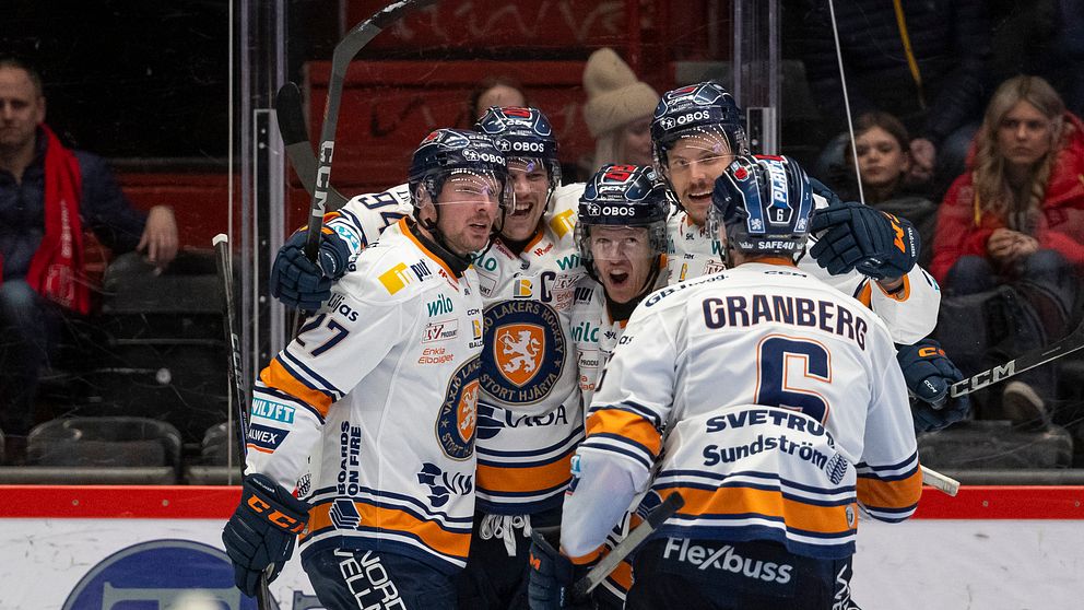 Hockeyspelare firar ett mål under en match, omgivna av supportrar.