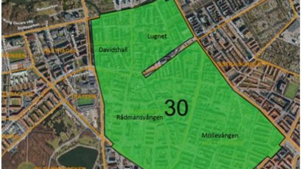 Karta över område i Malmö där hastighetsgräns sänks från 40 till 30 kilometer i timmen.