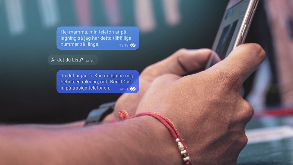 En sms konversation och händer som håller i en mobiltelefon.