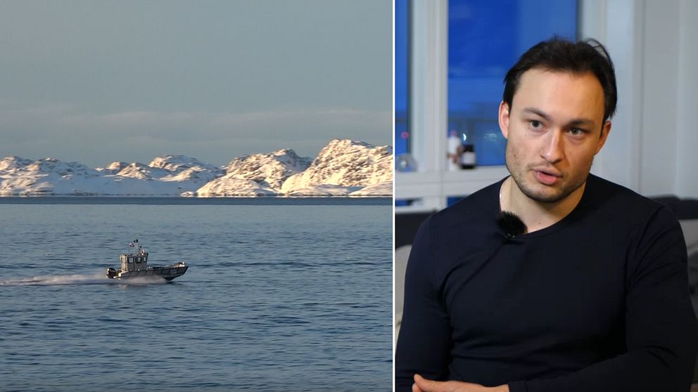 Tvådelad bild. Till vänster: båt på havet framför snötäckta berg.