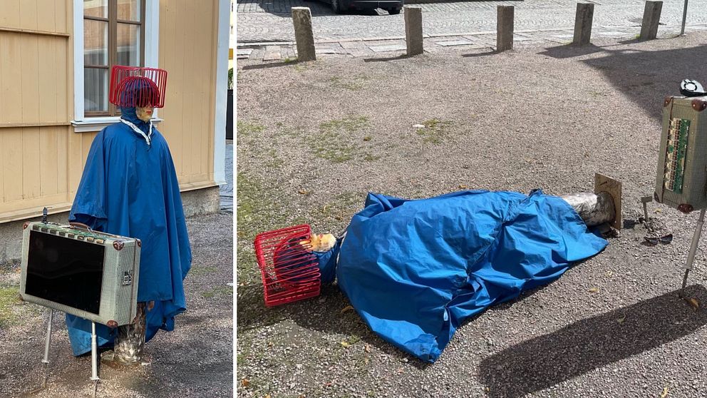 Till vänster en stående skulptur, till höger en liggande.