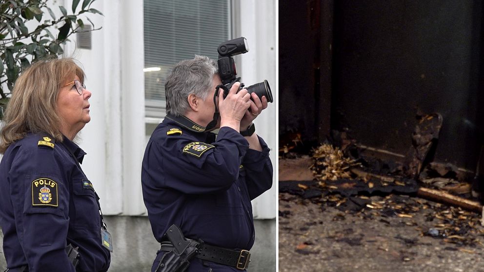 En polis fotograferar med en kamera, en annan polis tittar uppåt.