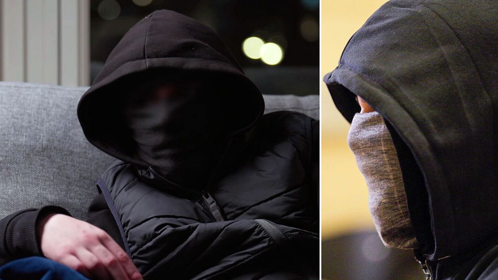 Tvådelad bild. Vänster: Maskerad person på soffa. Höger: Profil av maskerad person i hoodie.