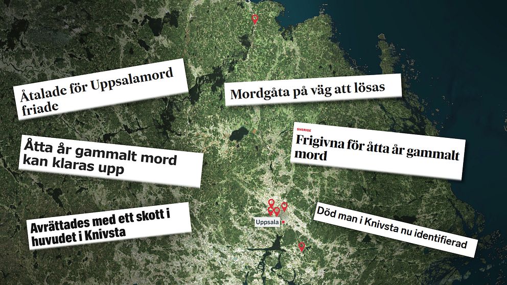 Delad bild över kartområde med tidningsrubriker om olösta mord i östra Sverige.