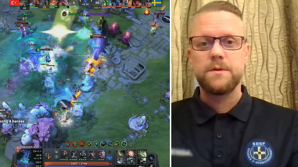 Bildens vänstra del visar en intensiv scen från ett Dota 2-spel med spelare som utför olika aktioner, omgiven av färgglada effekter och en spelplan som är i full aktivitet. Den högra delen visar en person iförd en mörkblå skjorta med en logo, som står framför en bakgrund av draperier.
