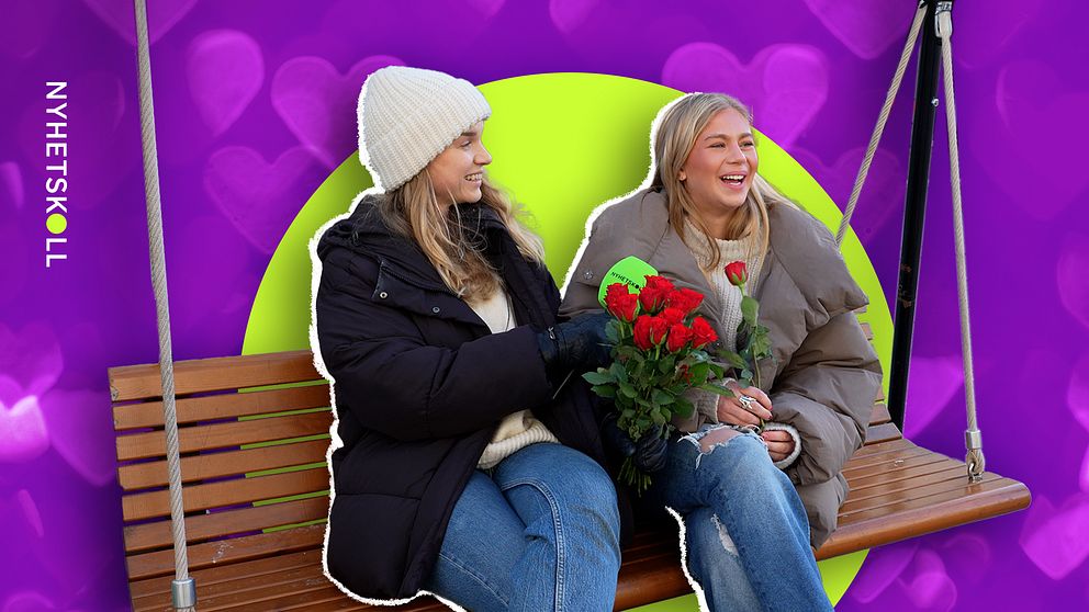 Två personer sitter på en parkbänk, den ena håller en bukett röda rosor. Bakgrunden är färgglad med hjärtformer och en logotyp för ”Nyhetskoll” i det övre vänstra hörnet.