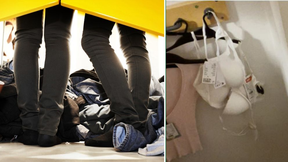 Tvådelad bild. Vänster: Folks ben bland kläder i butik. Höger: Klädhängare med olika plagg, inklusive en bh.