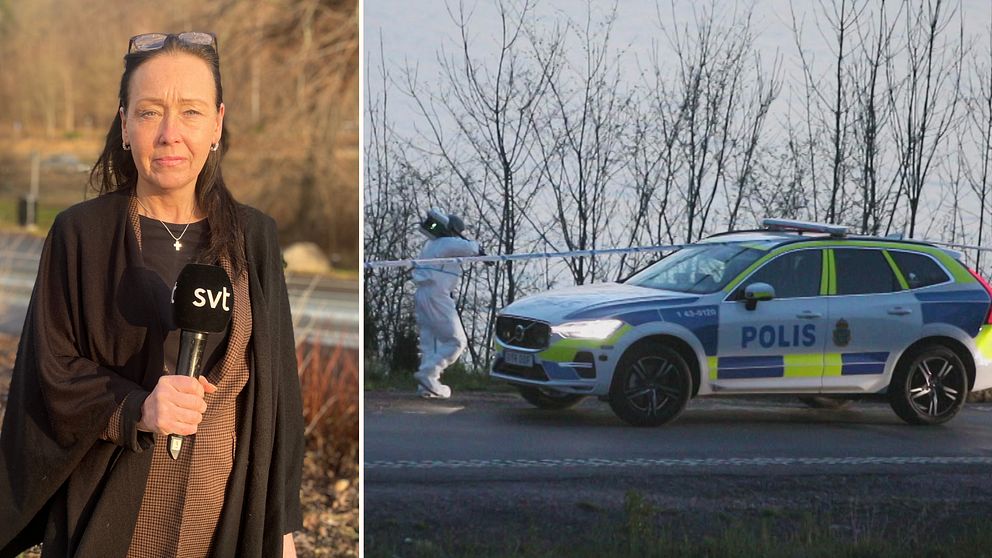 En delad bild som visar två scener. Vänster sektion visar en reporter, Ulrica Abrahamsson, som håller en mikrofon med SVT-logotypen, klädd i en svart överdel, med en bakgrund av växtlighet och väg. Höger sektion visar en polisbil med svensk polislogotyp, där en man i skyddskläder är i färd med att undersöka en plats av intresse vid vägkanten omgiven av träd.