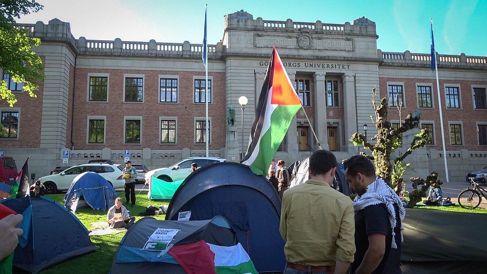 Studenter tältar utanför Göteborgs universitet i protest mot att universitetet inte tar ställning mot Israel i kriget i Gaza.
