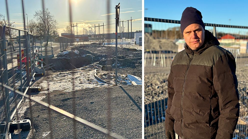 Delad bild. Vänster: Byggarbetsplats med stängsel. Höger: Person i brun jacka vid staketet.