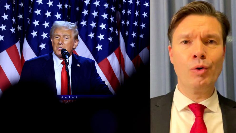 Vasemmalla Donald Trump puhuu kannattajilleen vaalivalvojaisissa Floridassa. Oikealla Suomen Ulkopoliittisen instituutin johtava tutkija Charly Salonius-Pasternak.