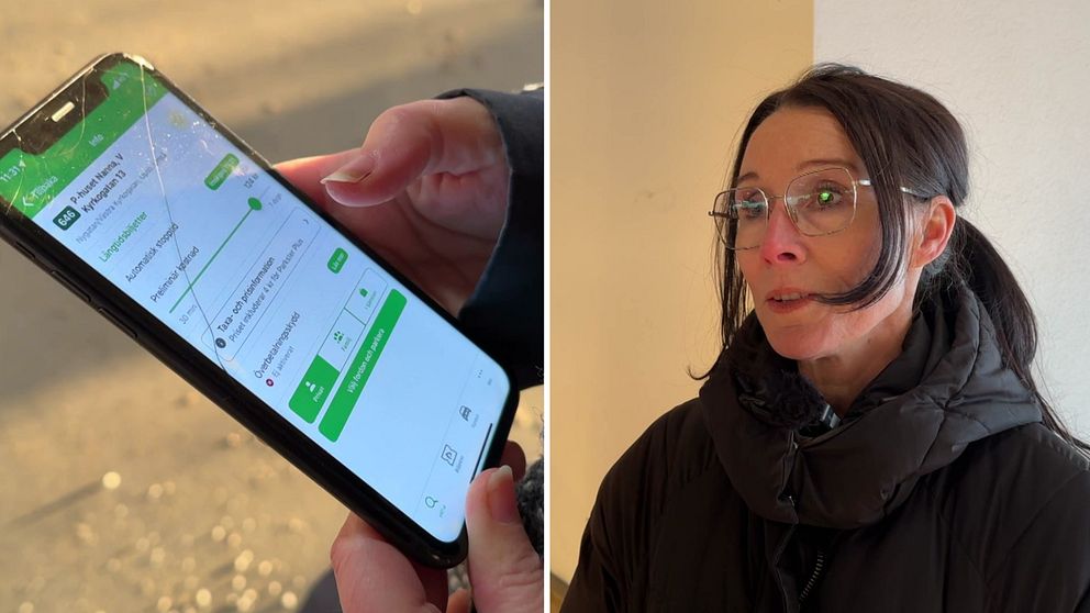 En delad bild med två sektioner: till vänster visas en hand som håller en mobiltelefon med en öppen app som presenterar information om en tjänst; till höger står en person i en mörk jacka, inomhus, med en neutral ansiktsuttryck.